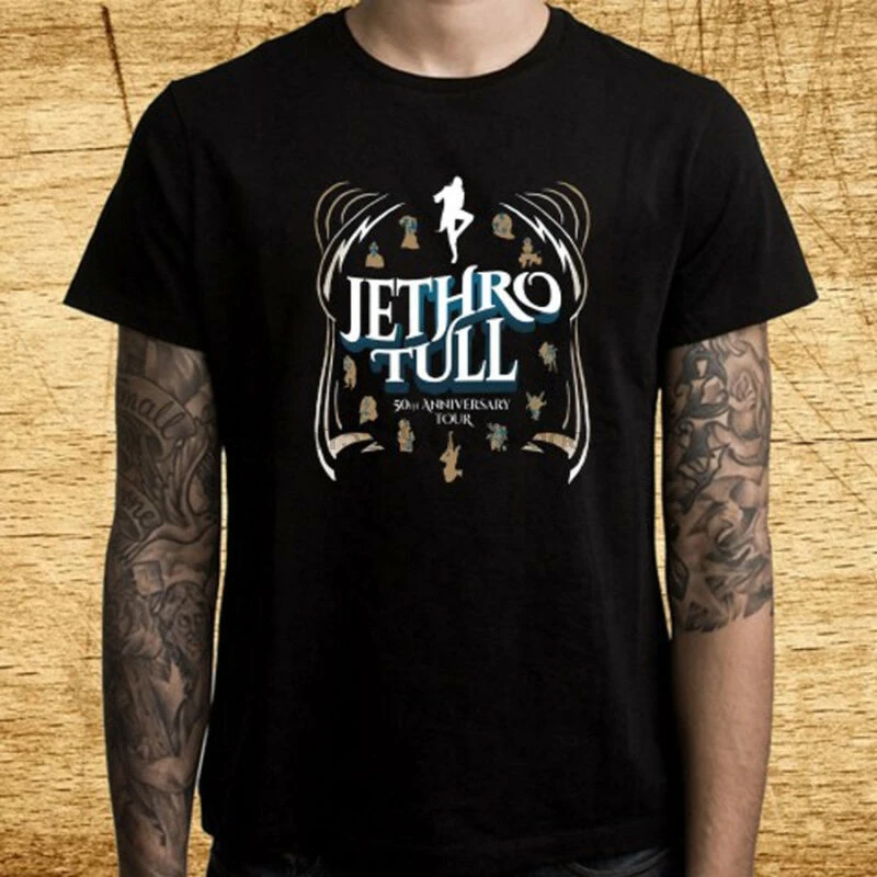 Jethro Tull 50 летие тур логотип мужская Черная Футболка размер S M L XL 2XL 3XL|Мужские
