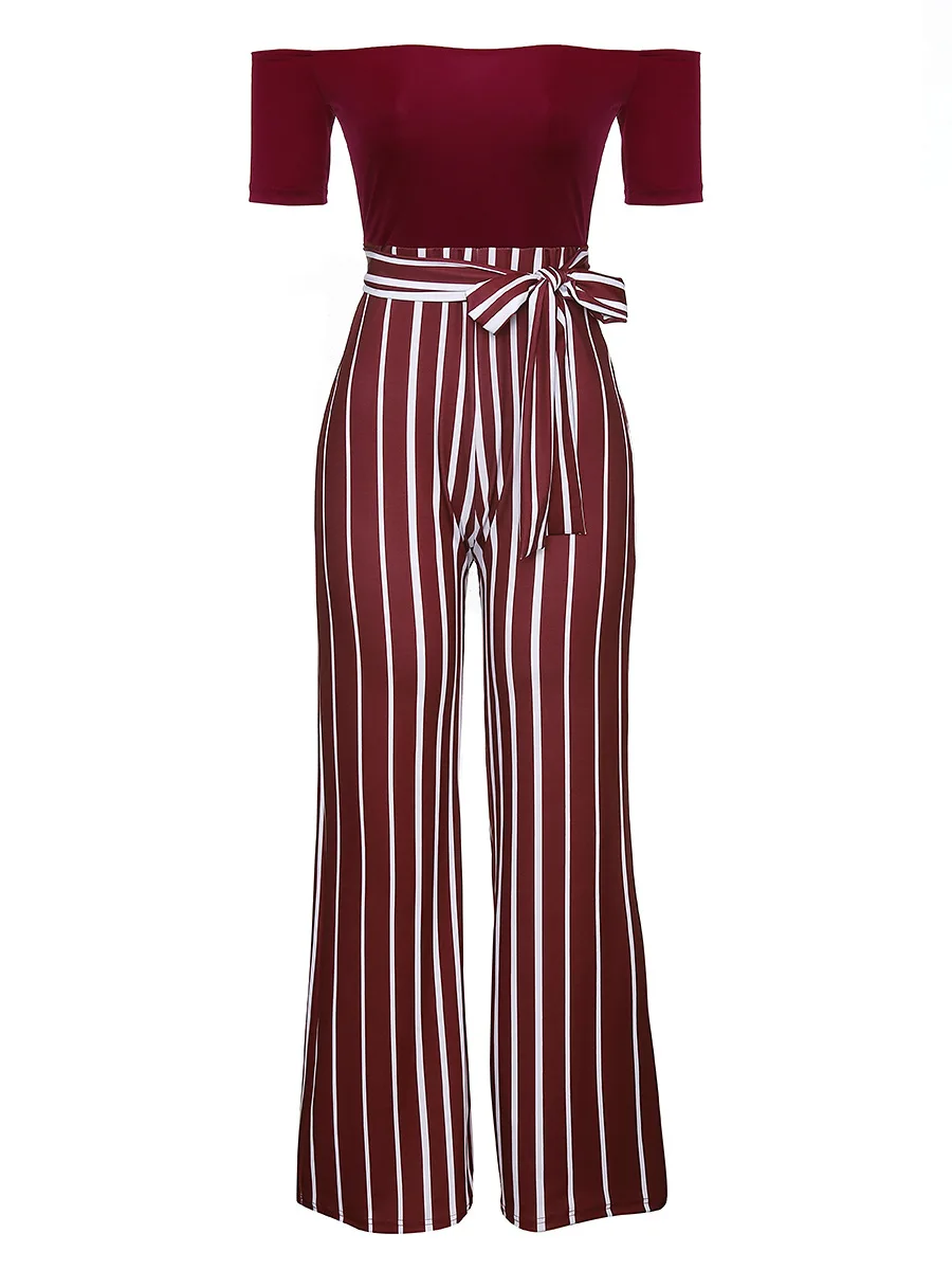 Slash Neck Short Sleeve Stripe Print Overalls Jumpsuits Outfit with Sashes Women Casual Sexy Fashion Bandage Straight Rompers | Женская