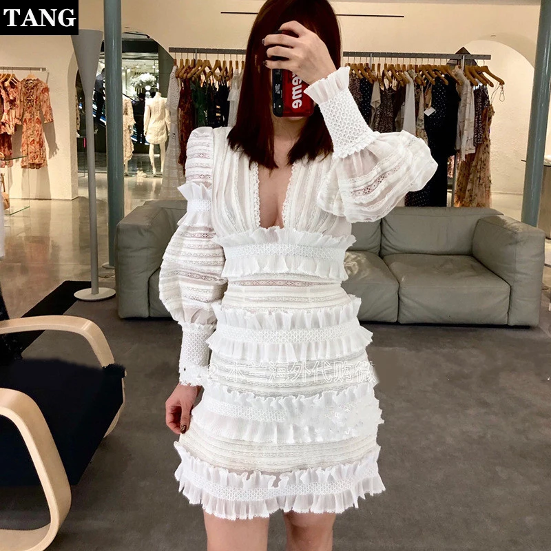 Tang летнее платье 2019 женское белое с длинным рукавом Boho кружевное мини вышивкой