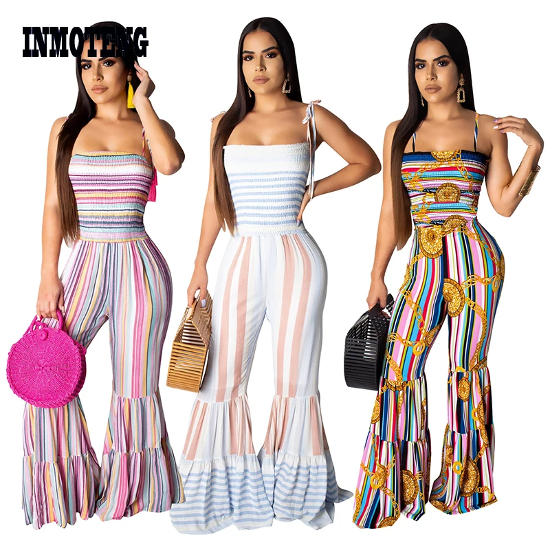 

INMOTENG Women Multi Color Stripes Sexy Spaghetti Strap Slash Neck Ruffles Hem Lantern Jumpsuit Beach Party Club Romper Playsuit