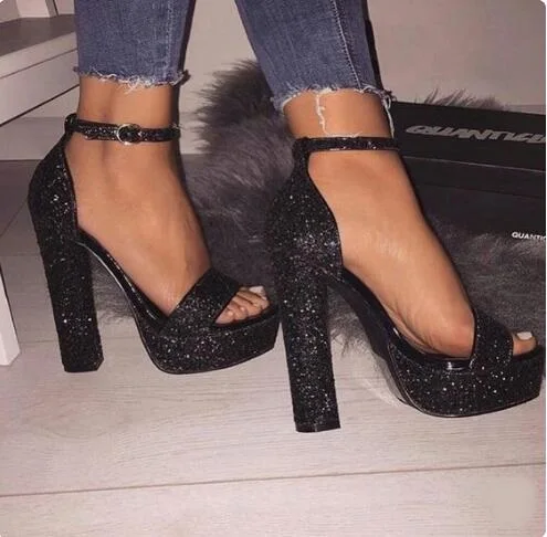 Sexy Black Sparkle Platform Heels Women Square Sandals Cut-out Peep Toe Ankle Strap Glitter Wedding Shoes Bride Plus Size | Обувь