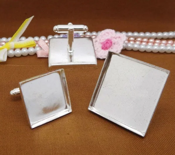 

100pcs with 16mm Wholesale Silver Plated French Cufflink/Cuff links Blank Square Cameo Bezel Cabochon Setting Disc Tray