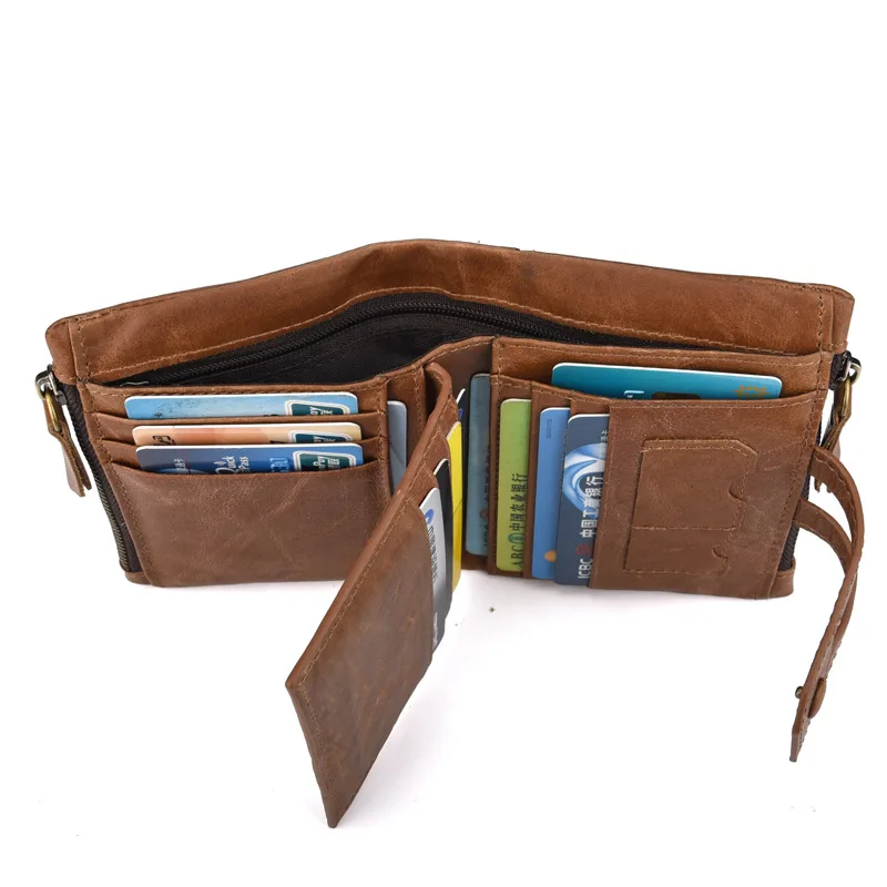 2018 New Genuine Leather Retro Short Men Wallet Clutch Double Zipper Coin Purse Vintage Bifold Male Card Holder | Багаж и сумки