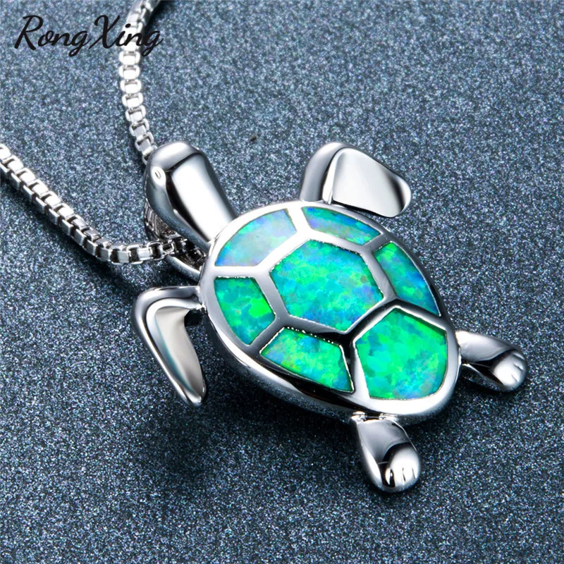 RongXing Lucky Turtle Зеленый Огненный Опал Подвески Ожерелья для женщин Серебряный цвет
