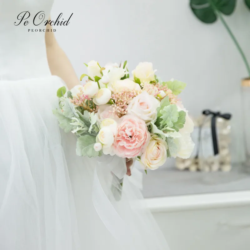 PEORCHID искусственные шелковые цветы Свадебный букет De Mariee винтажный Искусственный Пион розы свадебный букет для невесты