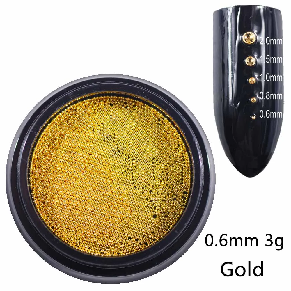 0.6mm gold 3g Бусины для ногтей, микро металлические бусины 0,6-2,0 мм, 3D Шпильки для ногтей, сплав, ювелирное изделие для ногтей, амулеты, принадлежности для художественных украшений, стальные шарики для икры - Цвет: 0.6mm gold 3g