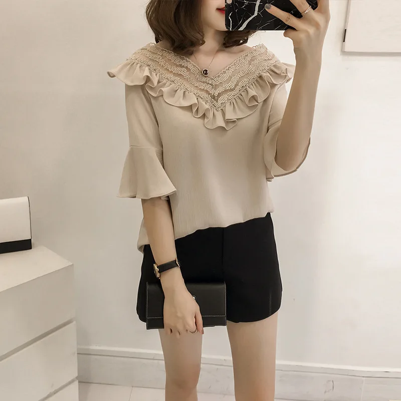 Lace V Neck Flared Sleeves Mesh Patchwork Shirts Summer Plus Size Casual Loose Women Blouse Street Womens Tops Blouses D190521