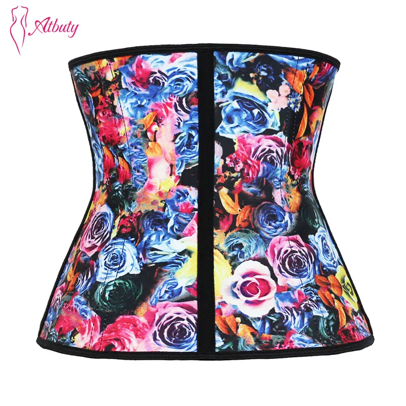Atbuty Steel Bone Waist Trainer Rose Printing Corsets Latex Slimming Belly Girdles Hooks Body Shaper Postpartum Sheath Women