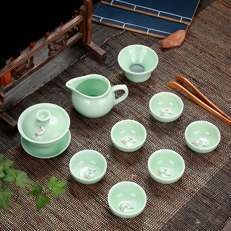 Longquan рыбы Чай комплект Керамика чайник Gaiwan чайная чашка Китайский кунг фу Чайник