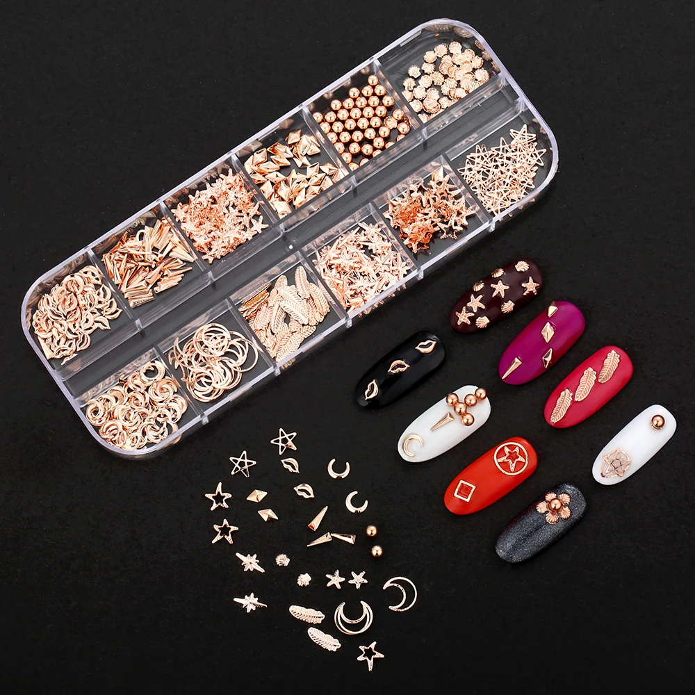 

1 коробка шпильки для ногтей из розового золота заклепки круг Луна Звезда Перо губы смешанные аксессуары для DIY 3D украшения ногтей