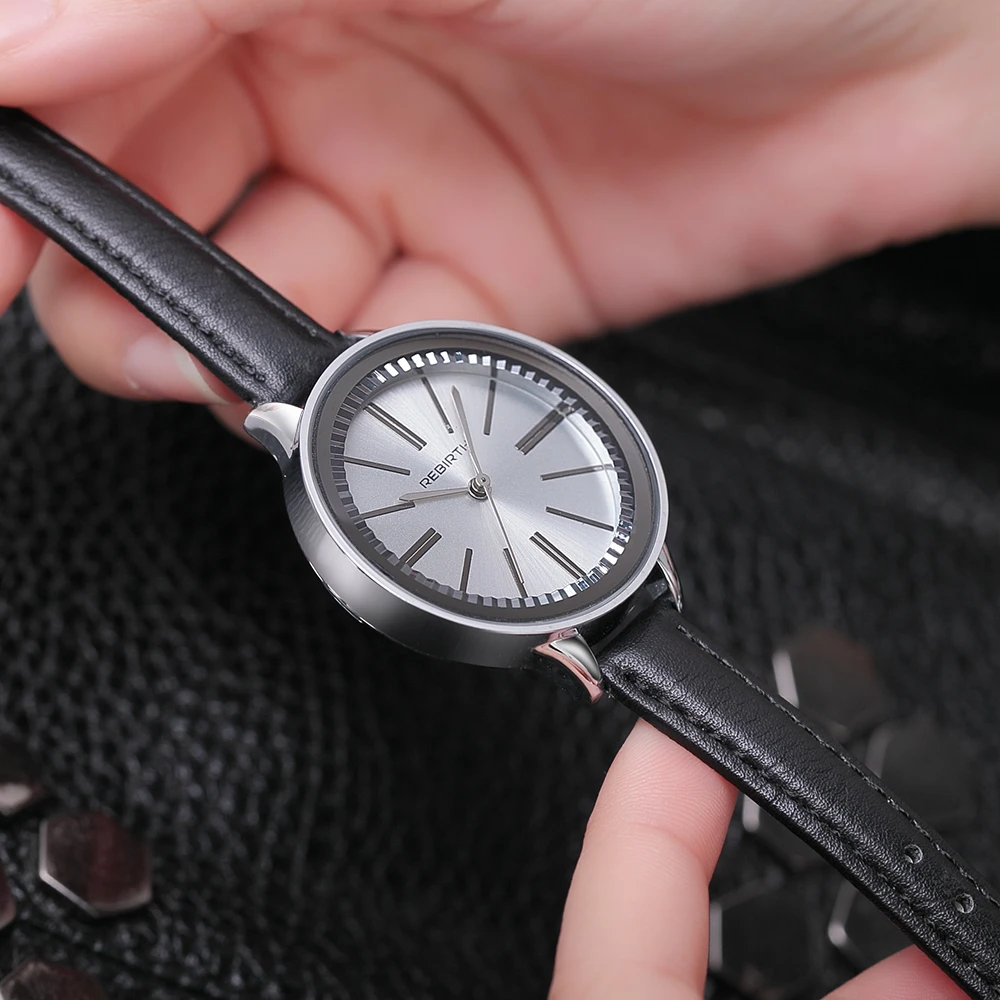 

Rebirth Watches Women Simple Casual Quartz Black Leather Strap Lady Wristwatch Luxury Crystal Bracelet Feminino Clock