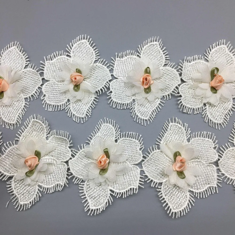 

20X Rose Flower Eyelash Handmade Embroidered Laces Fabric Ribbon Applique Trimmings Wedding Dress Clothes Hat Decoration