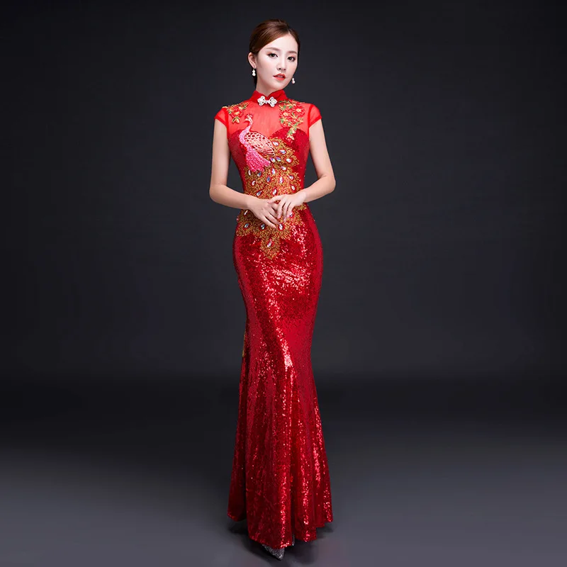 Невесты Cheongsam длинное современное Qipao кружевное сексуальное зеленое китайское Восточное стильное платье традиционное свадебное платье Женская мода S-3XL