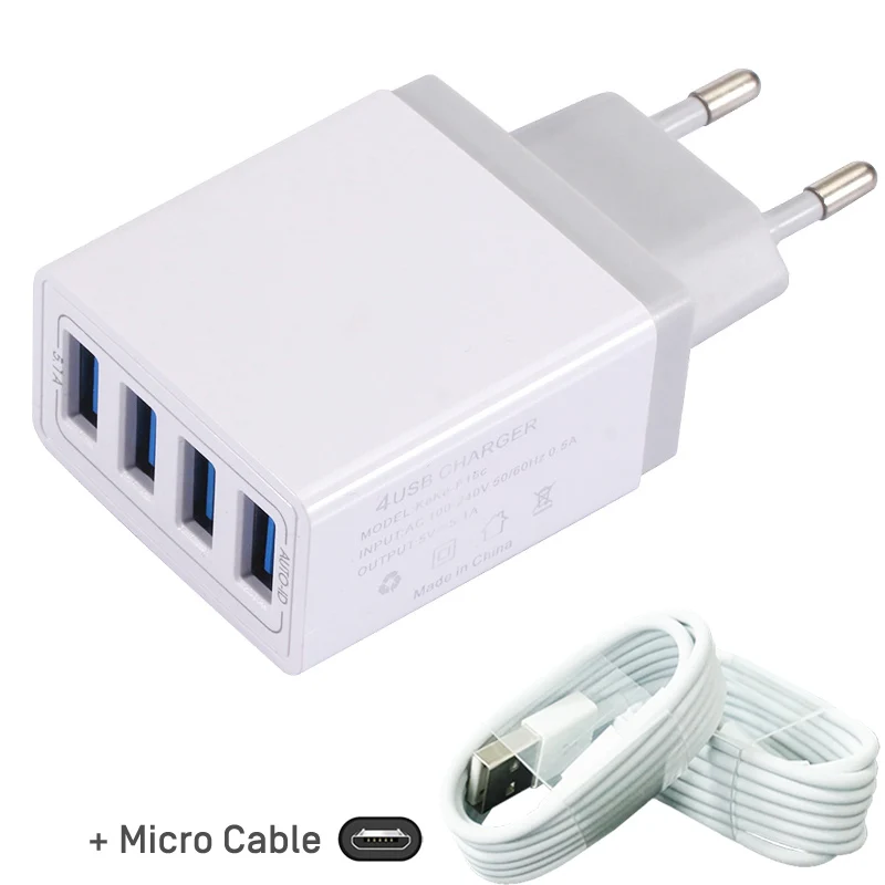 Несколько USB зарядное устройство 5.1A быстрое зарядное устройство s с кабелем Micro для huawei mate 20 P20 для iPhone samsung Xiaomi 4 порта USB зарядное устройство EU - Тип штекера: EU White