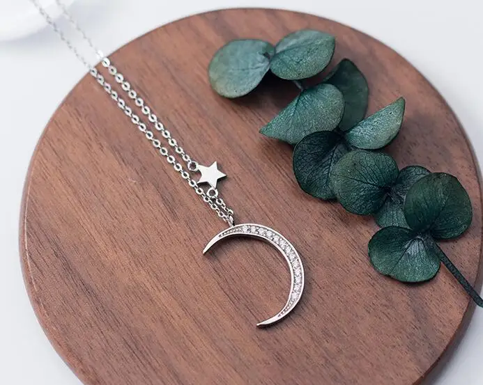 Authentic 100% REAL. 925 Sterling Silver FINE Jewelry white cz zirconia set Big Crescent Moon Star Necklace pendant giftGTLx1685 | Украшения
