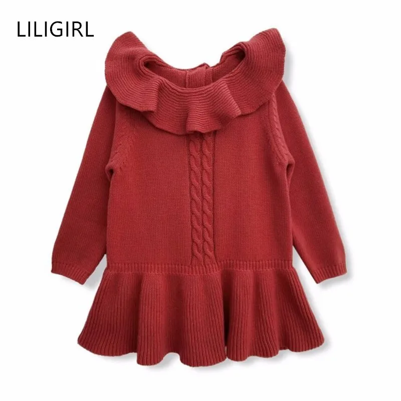 LILIGIRL/новое осеннее вязаное платье для девочек; свитер принцессы с лепестковым воротником; Детские платья для маленьких девочек; детская одежда для свадебной вечеринки