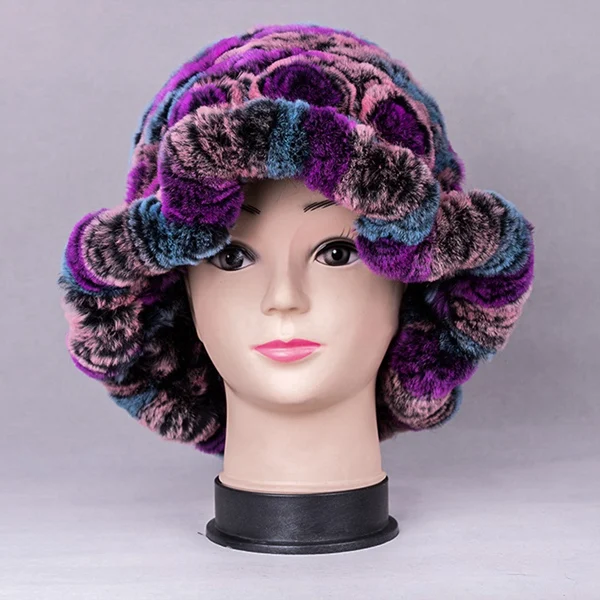 Multi Purple Ручной работы для российских женщин, настоящий мех кролика, фетровые шапки, женские зимние теплые меховые шапки, головные уборы LF4288 - Цвет: Multi Purple