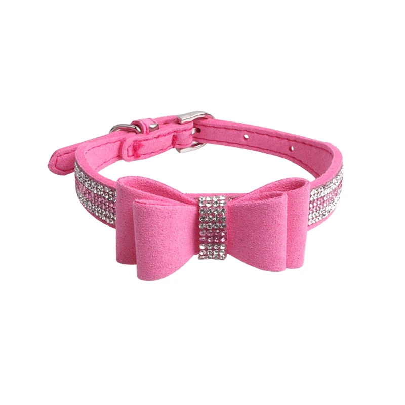 Pink Collar Pawstrip, стразы, ошейник для собак, бант, блестящий ошейник для кошек, мягкий замшевый ошейник для щенков, 120 см, длинный поводок для собак, ошейник для домашних животных, для собак, XS-L - Цвет: Pink Collar