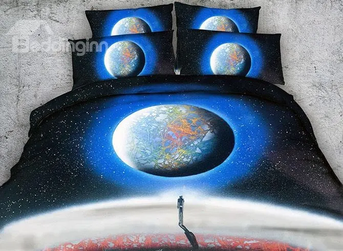 3D человек под звездным небом и планетой печатных постельных