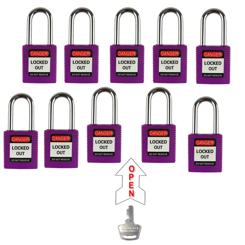 purple 10 шт. 38 мм замок навесные замки открываются такими же ключами стальные скобы замки безопасности - Цвет: purple