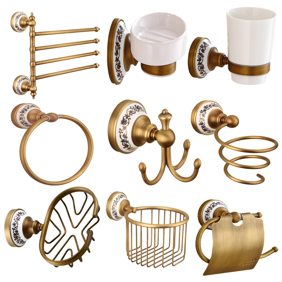 

Brass Bathroom Accessories Set Gold Polished Robe Hooks Towel Racks Toilet Brush Holders Toilet Blowing Rack Towel Bars