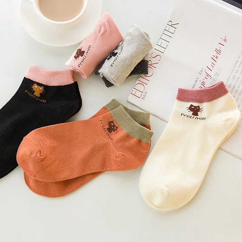 Женские хлопковые короткие носки однотонные с котом весна лето 2017|women short socks|socks