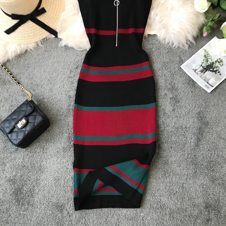 ALPHALMODA Ретро подтяжки, вязаное платье, новинка, цветное Полосатое тонкое платье на молнии, женское летнее облегающее платье