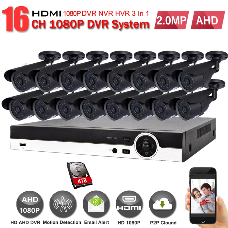 Комплект системы видеонаблюдения 16 каналов 1080 P AHD DVR рекордер + IR 20 Mt внешняя