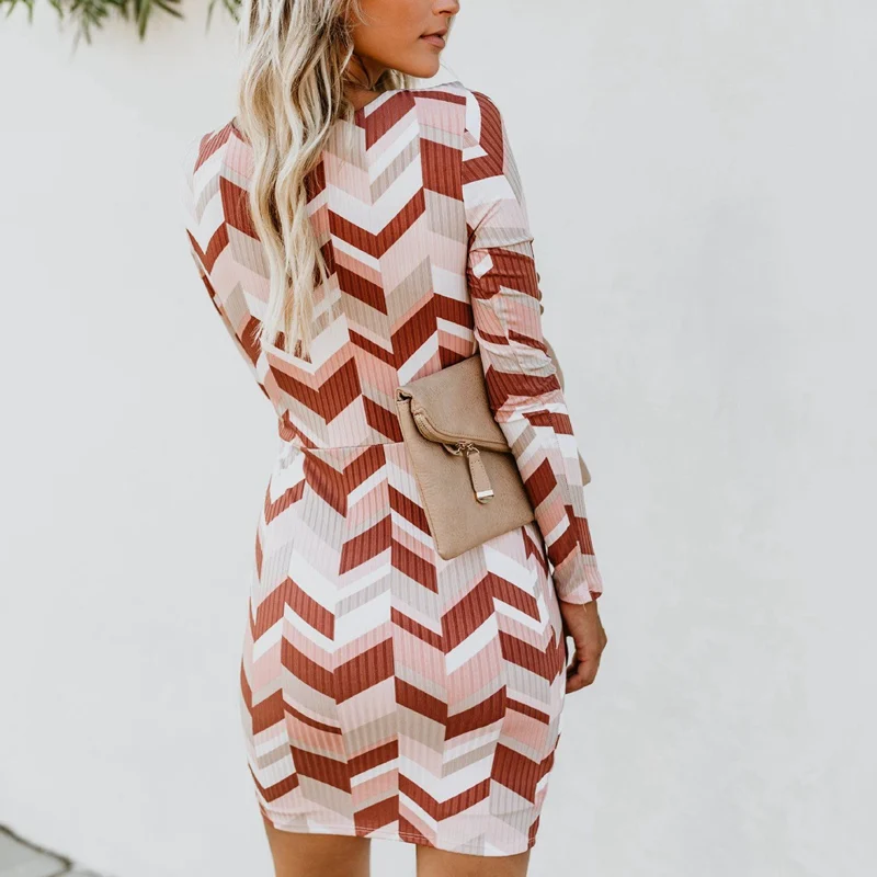 Fall Clothing For Women Bodycon Mini Dress Geometric Print Long Sleeve O Neck Sexy Tunic Draped Dresses Vestidos Slim Party Wear | Женская