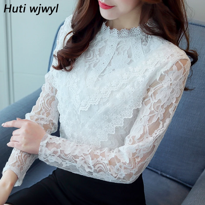 

2021 Women Clothes Lace Crochet Blouse Female Korean Long Sleeve Shirts Hollow Out Sexy Blusas Tops White Slim Fit Plus SizeTop