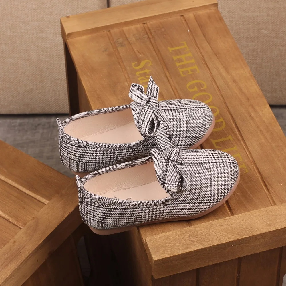 New Spring Autumn Girls Shoes All-match Kids Fashion Children Princess Lady With Bow-knot Flats Striped Grid | Детская одежда и
