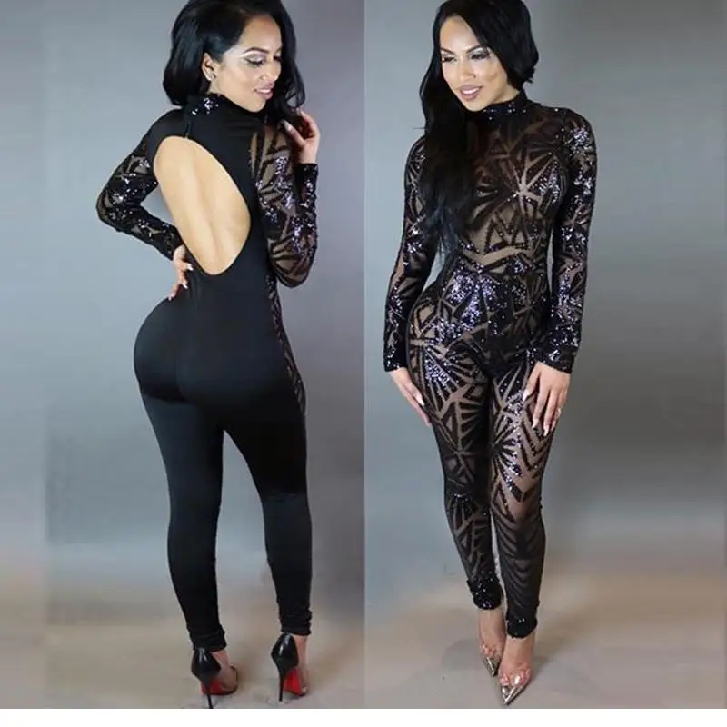 

Sexy Roupa Feminina Womens Backless Geometric Sequin Bodycon Jumpsuit Black Long Sleeve Night Club Wear Romper W126803