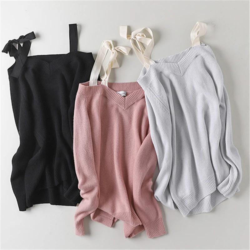 100% goat cashmere knit women fashion slash neck pullover sweater bowknot sling shoulder mid-long H-straight wide loose S/M/L | Женская