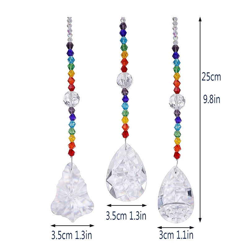 H&D 3pcs Rainbow Hanging Crystal Prism Suncatcher with Chakra Crystal Beads for Window,Chandelier Crystal Part,Home Garden Decor