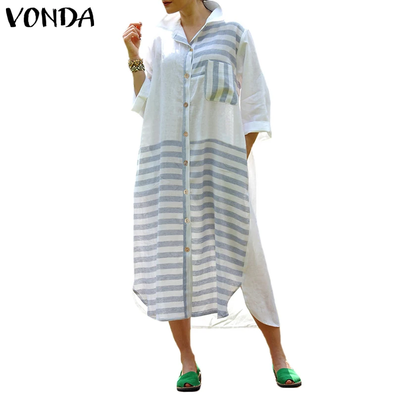 VONDA, хлопковое женское платье,, повседневное, длинный рукав, карманы, в полоску, свободная рубашка, платье размера плюс, винтажное, до середины икры, Vestidos