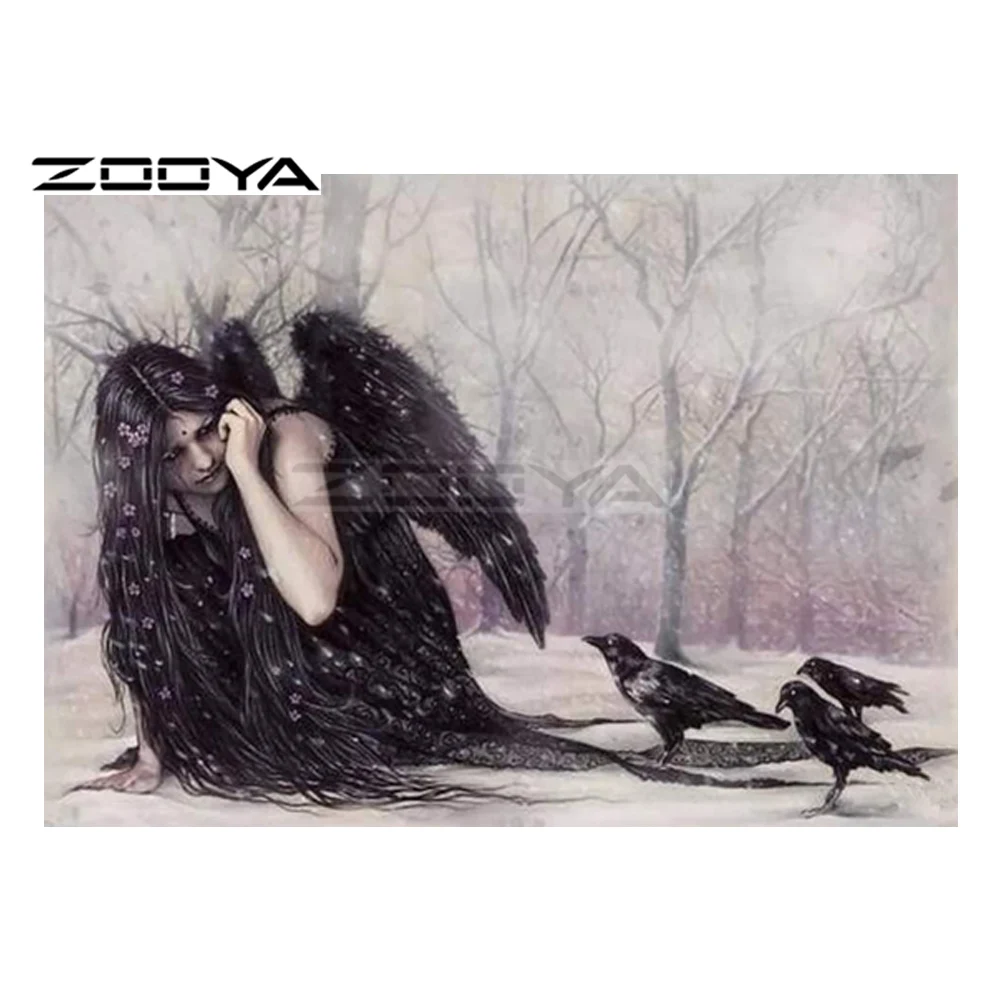 ZOOYA 5D DIY Алмазная Женская картина с крыльями вороны Снежная сцена вышивка