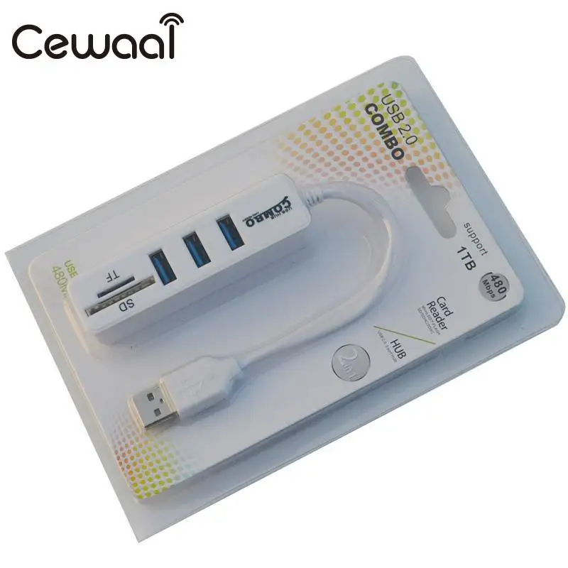 Cewaal White Mini USB2.0 Hubs 3 Port Plug USB Hub SD TF Card Reader Adapter Interface Connector Expand For Micro | Компьютеры и офис