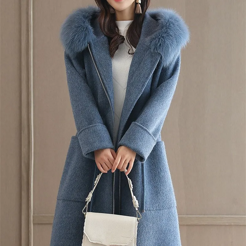 2018 Новое высококачественное шерстяное пальто с капюшоном и меховым воротником