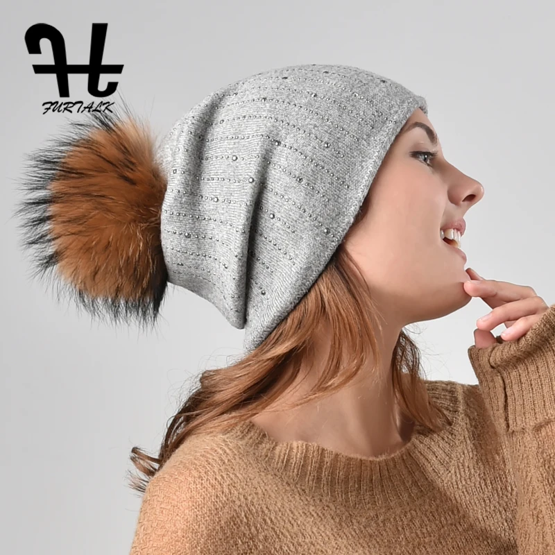 FURTALK Knitted Beanie Hat Women Rabbit Fur pompom Cap Winter Autumn Slouchy Hats for Female 2019 | Аксессуары для одежды
