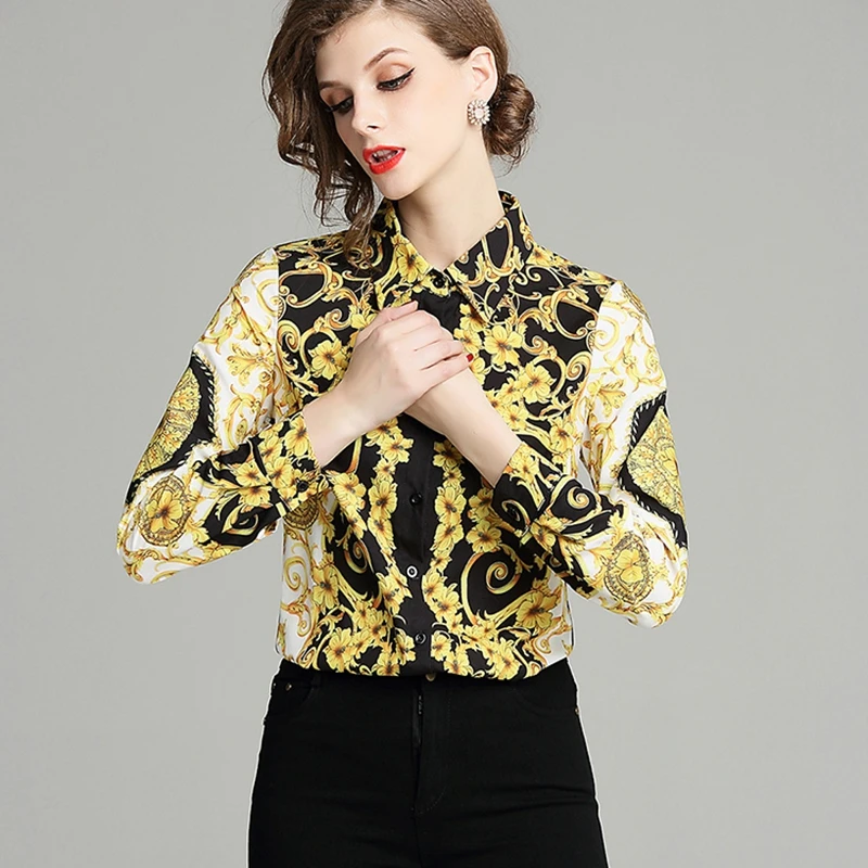 Женская блузка с цветочным принтом Повседневная элегантная офисная длинным