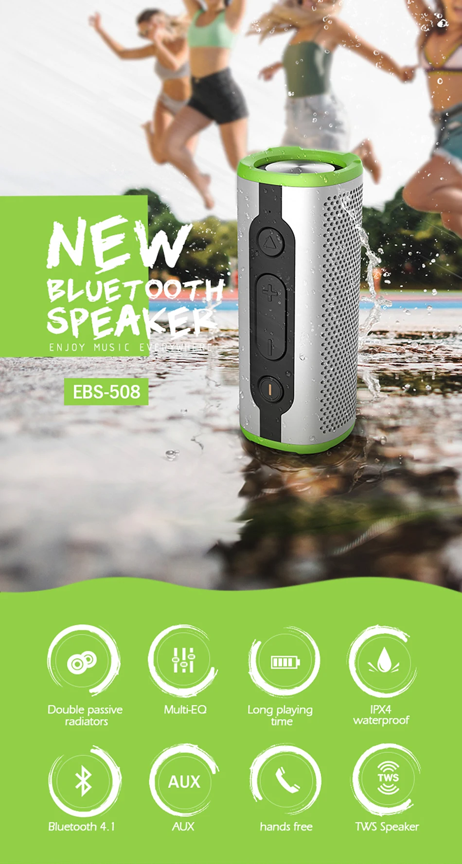 Водонепроницаемый портативный Bluetooth беспроводной динамик открытый бас стерео сабвуфер TWS 12 Вт громкой связи с микрофоном