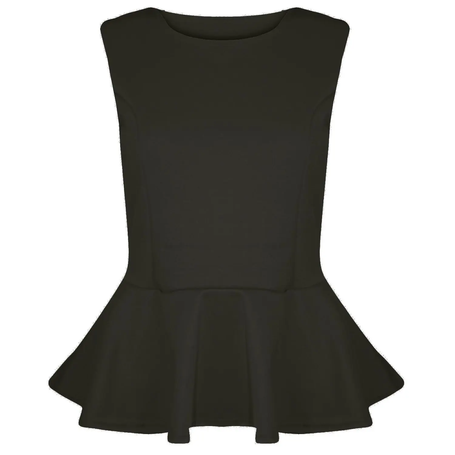 

Customized New Fashion Women's Ladies Plain Stretchy Sleeveless Round Neck Pleated Flared Frill Party Peplum Top