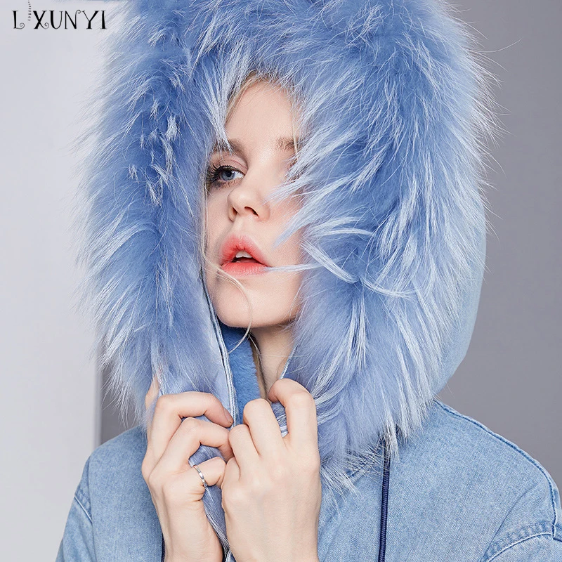 LXUNYI 2018 новая зимняя джинсовая парка Mujer с натуральным лисьим мехом куртка