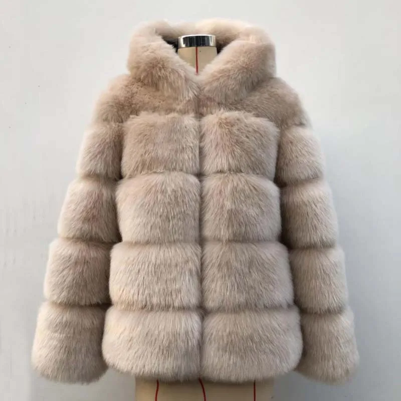 khaki fox fur coat Роскошное дизайнерское пальто с капюшоном из искусственного меха, Женская куртка, зимние плотные теплые пальто, верхняя одежда, элегантная пушистая Женская куртка из лисьего меха - Цвет: khaki fox fur coat