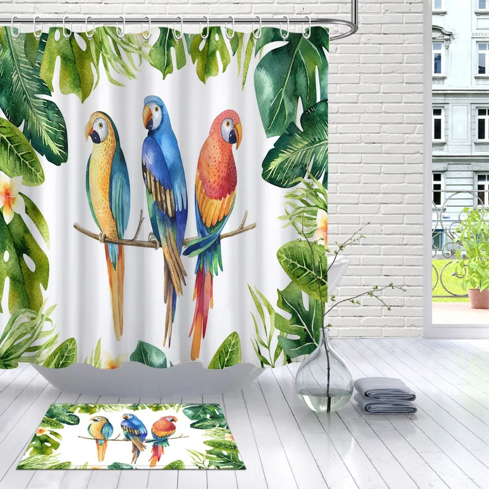 LB акварельные тропические растения и попугай экзотические листья душевая