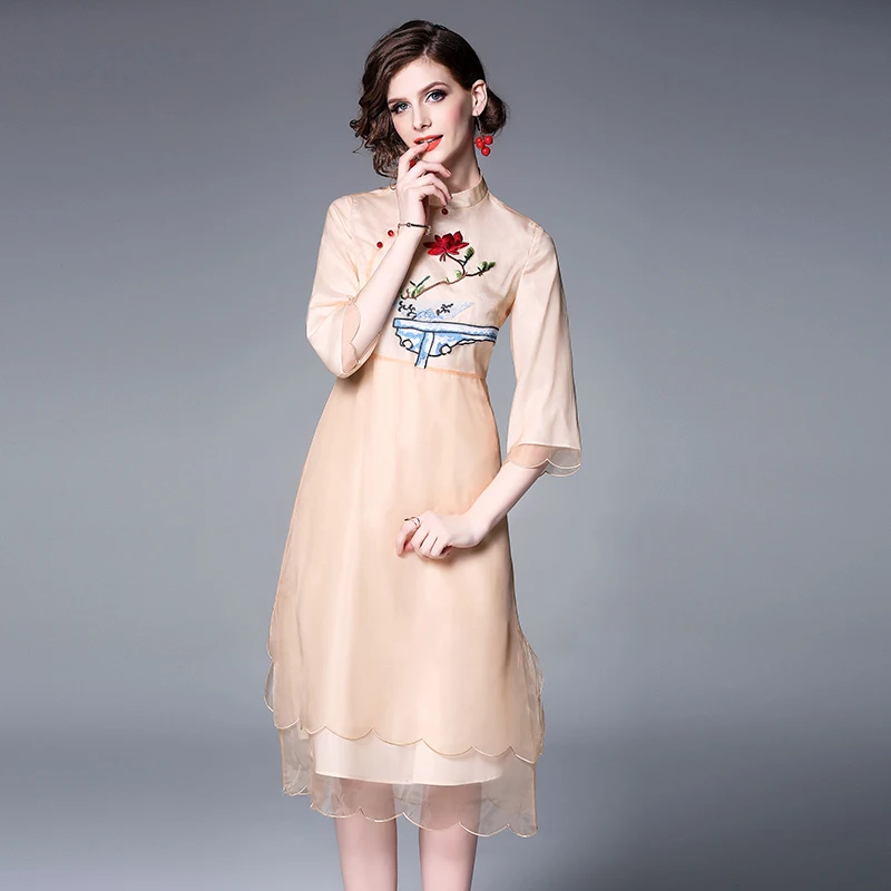 Женское Сетчатое платье Cheongsam с вышивкой элегантное в китайском стиле коротким