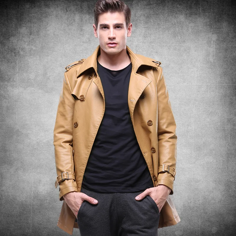 Abrigo Зимняя Куртка Двойной Брестед Длинные Кожаные Пальто Мужчины Jaqueta Couro Masculina