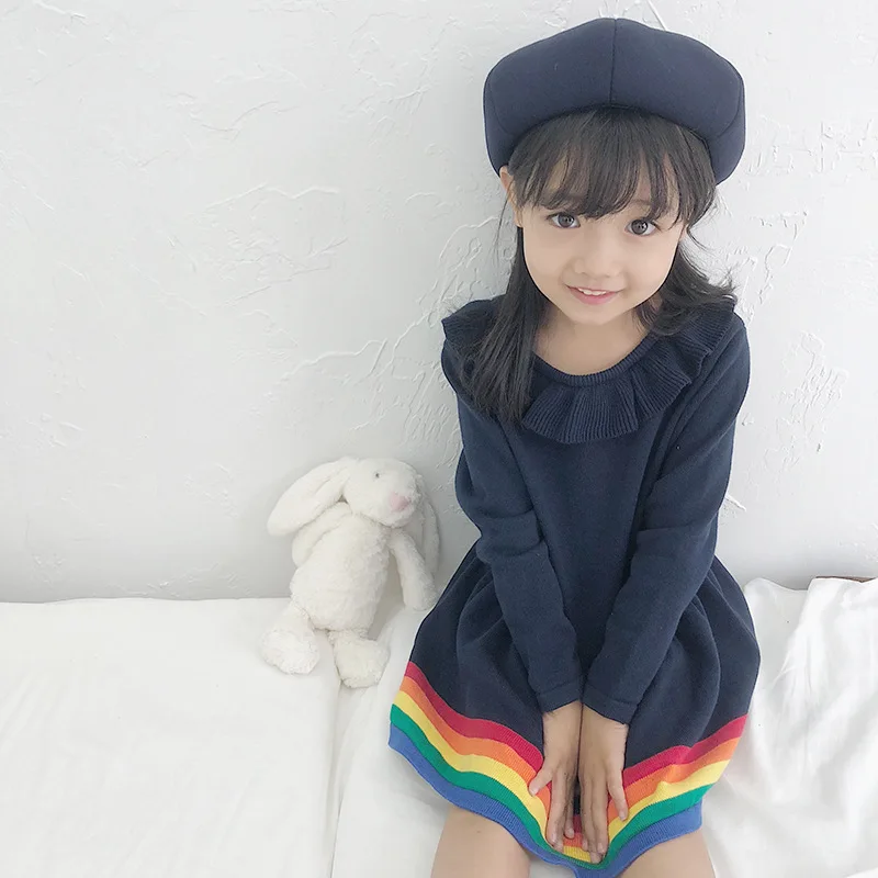 Dark blue dress Платье для маленьких девочек 2-6 лет; трикотажное платье-свитер с радугой для маленьких мальчиков; свитера с радугой для мальчиков и девочек; пуловер с рисунком; одежда для детей - Цвет: Dark blue dress