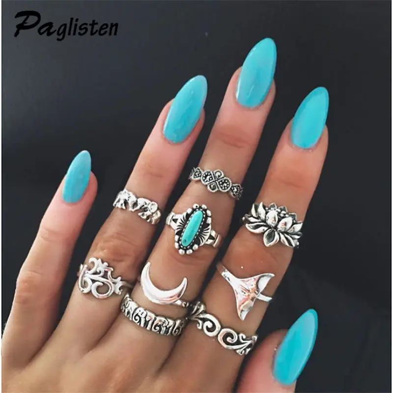 

Vintage Bohemian Beach Women Lotus Shape Ring Set Ethnic Style Green stone Midi Finger Boho Ring Charm Anelli