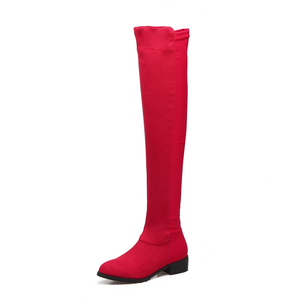 red 2 thin fur BONJOMARISA/ г. Новые Элегантные Осенние ботфорты, Размеры 33-46 пикантные женские высокие сапоги из флока женская обувь на низком каблуке - Цвет: red 2 thin fur